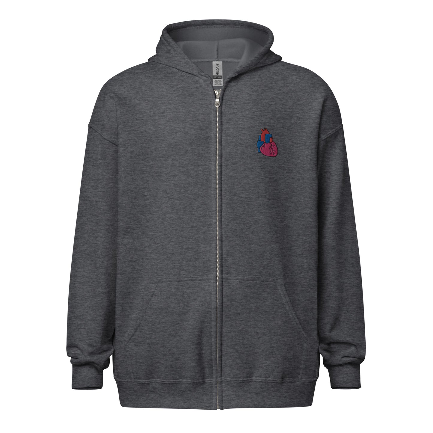 Heart Embroidered Zip-Up Hoodie